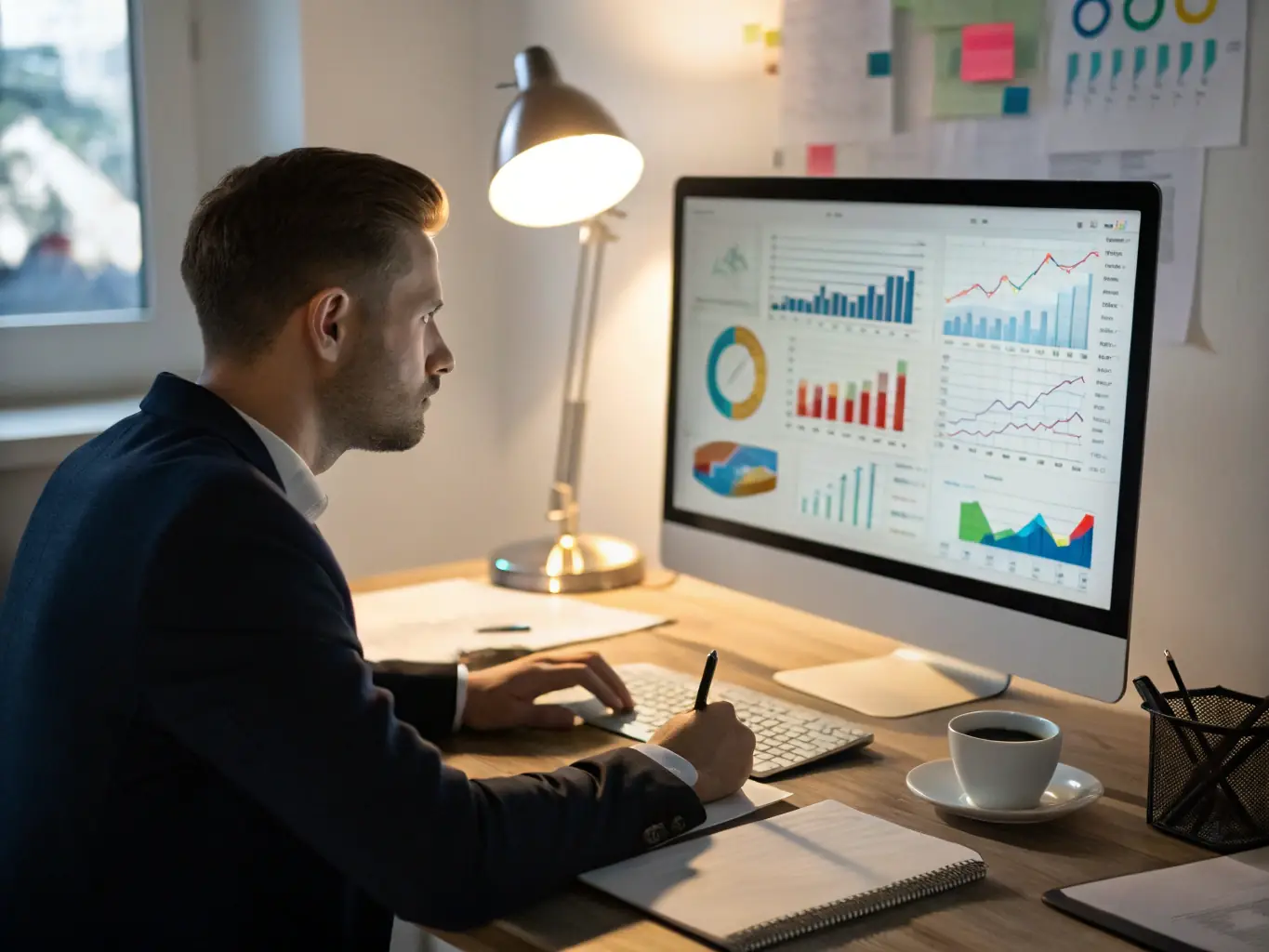 A CFO reviewing real-time financial data on a dashboard, highlighting optimized payment routes and cost savings.