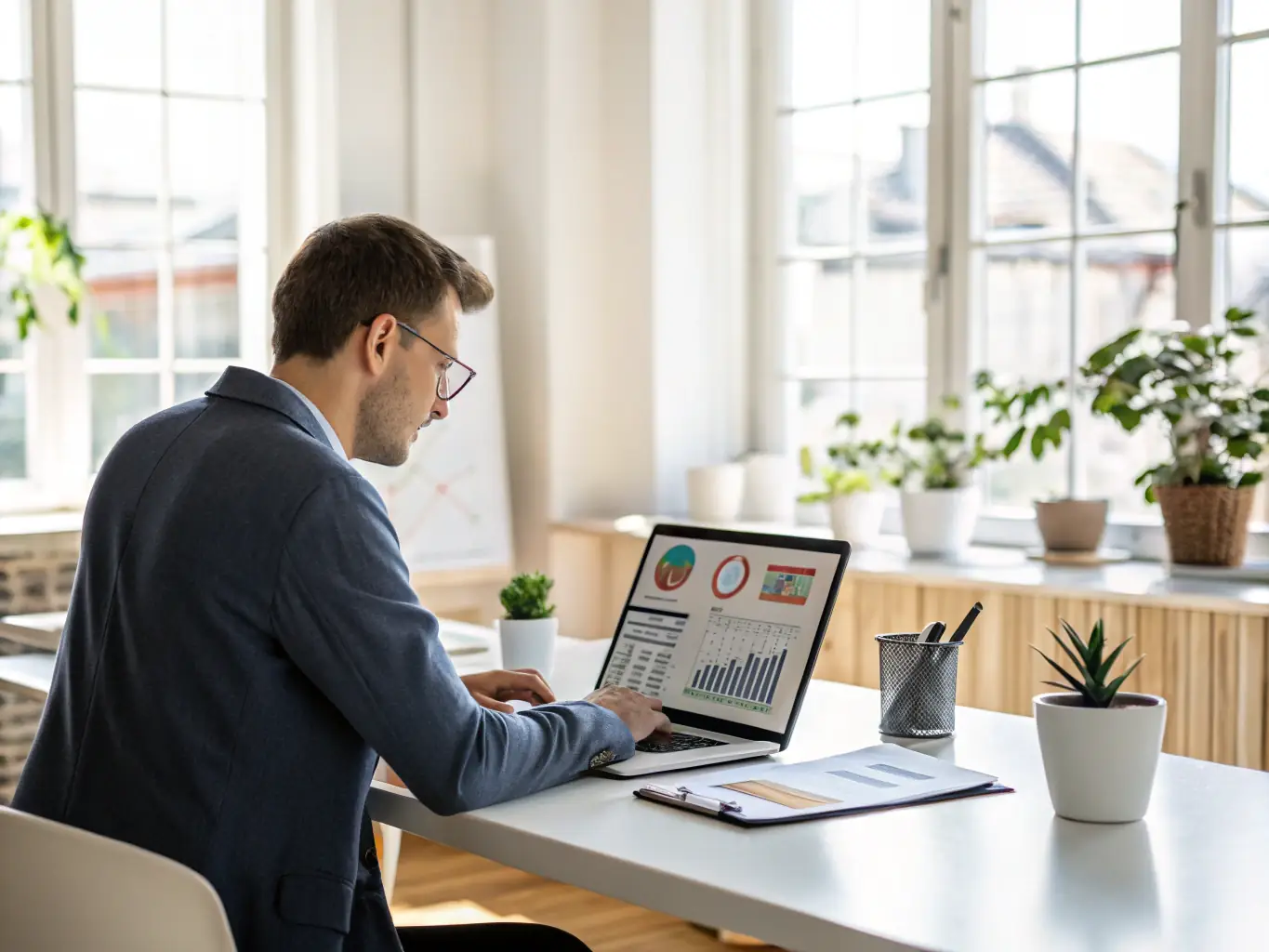 A CFO using a tablet to access real-time financial analytics and insights provided by Sunrrate.com.