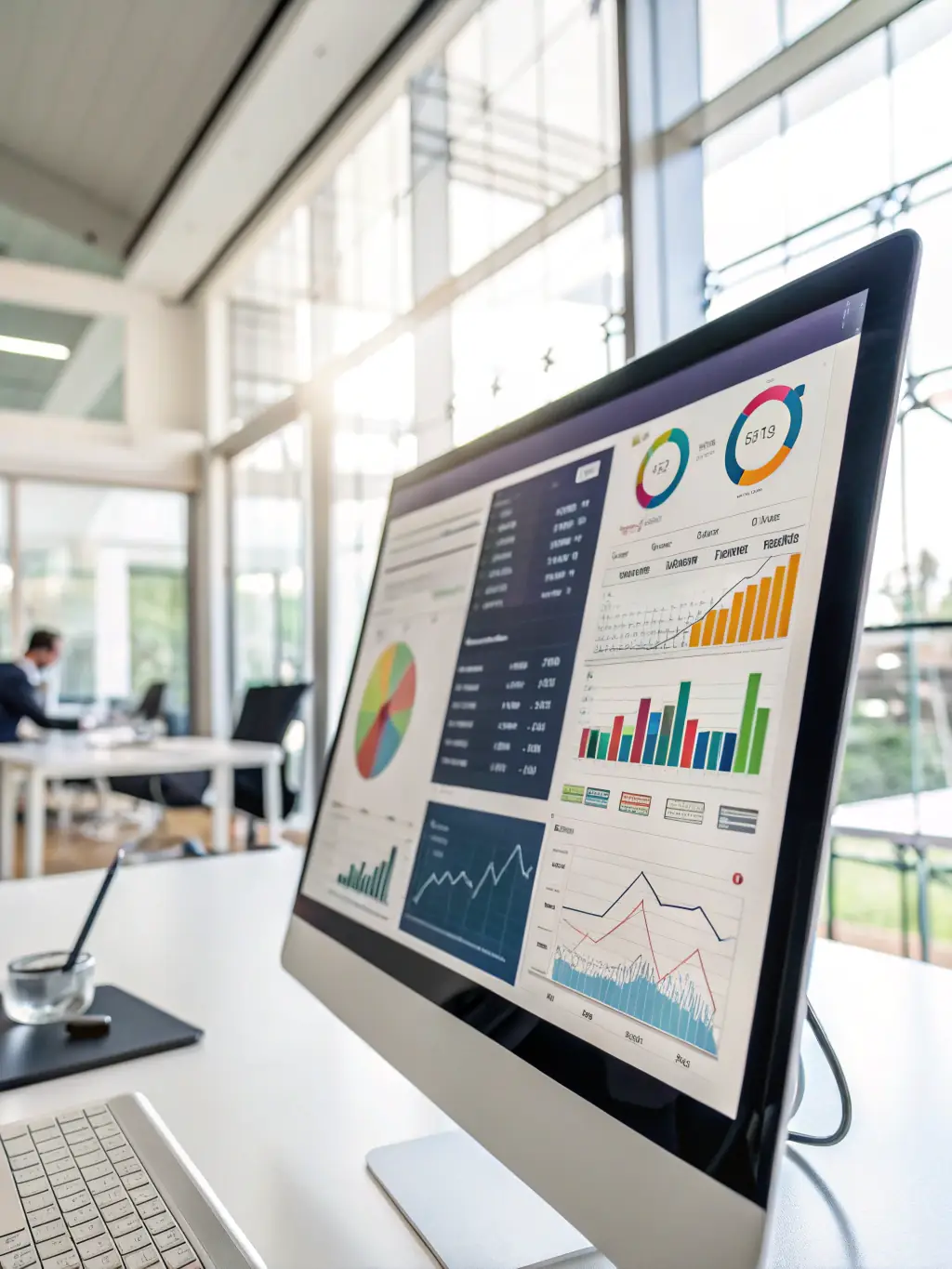 A clean, modern interface showcasing Sunrrate.com's reporting and analytics dashboard, with customizable charts and key performance indicators.